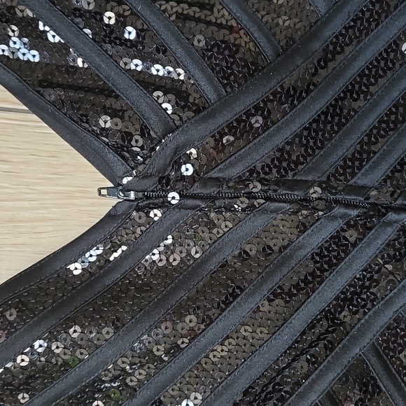 Tadashi Shoji Black Sequin Striped V Neck Blouse size 10 - Picture 4 of 8